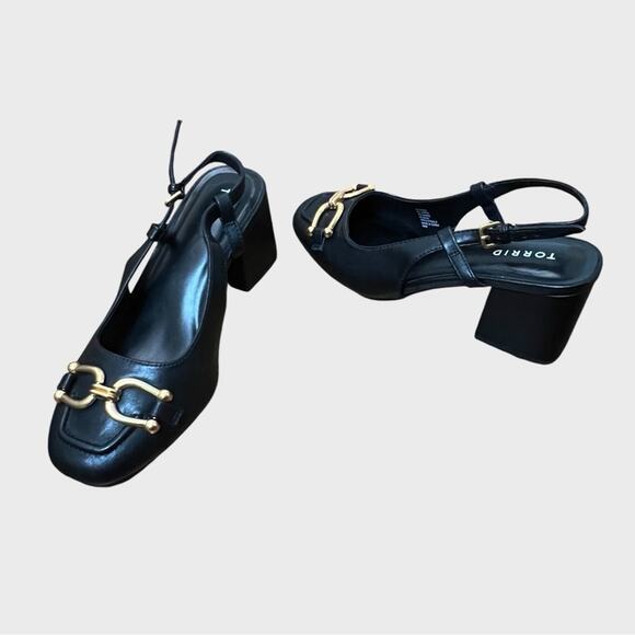 Torrid Slingback Block Heel Shoes Black Gold Horsebit Hardware Size 9WW Classic - Picture 2 of 12
